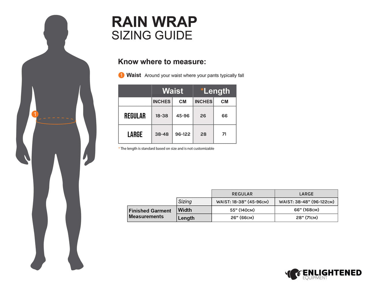 Enlightened Equipment Rain Wrap レインラップ サイズ表 Regular ウエスト45〜96cm・丈66cm・幅140cm/Large ウエスト96〜122cm・丈71cm・幅168cm(公式画像) - 山道具とULギアのお店 Ascend Lite