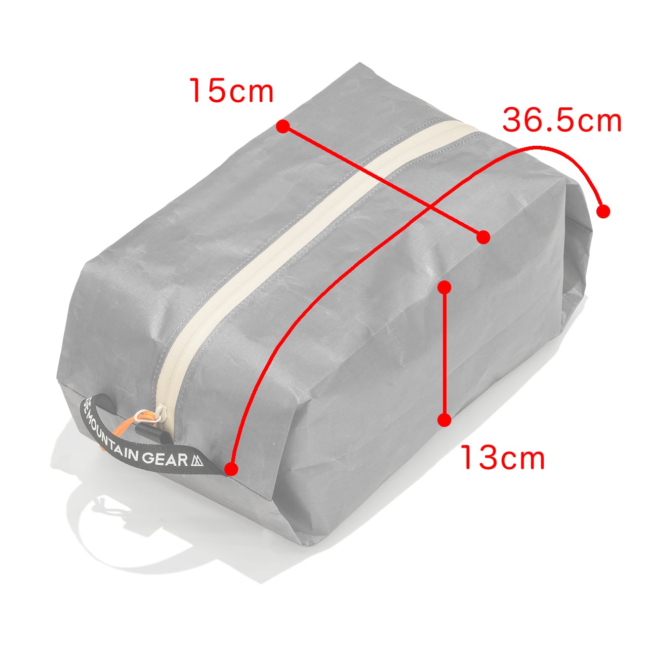 RIDGE MOUNTAIN GEAR Case L ケースL 縦36.5cm×横15cm×マチ13cm を赤線で示した寸法図(公式画像) - 山道具とULギアのお店 Ascend Lite