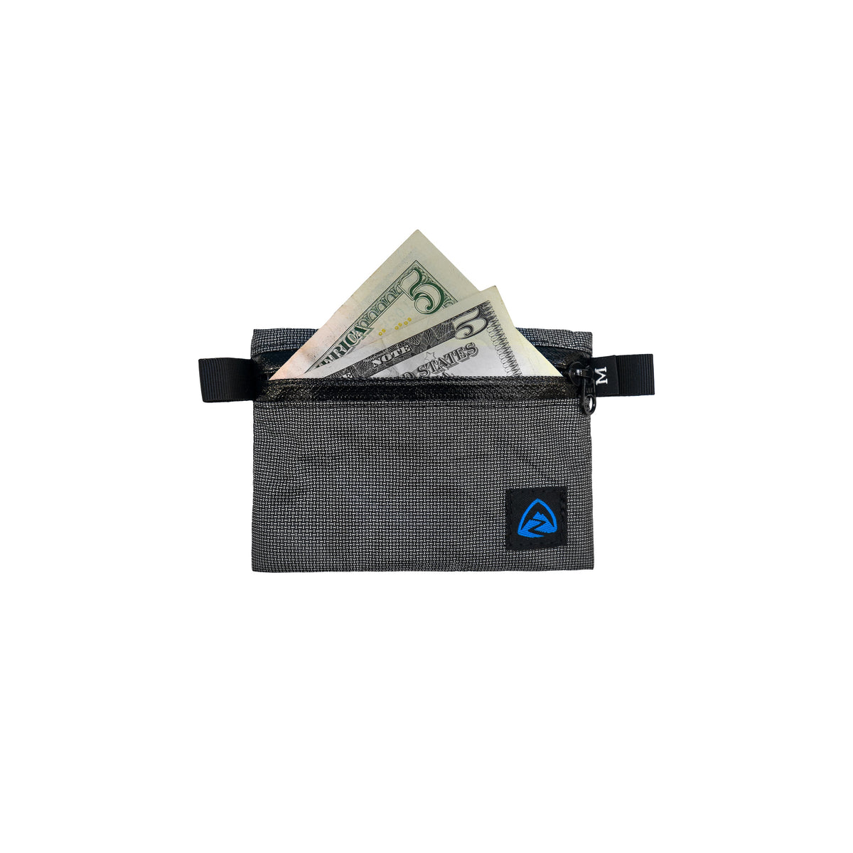 Zpacks Wallet Zip Pouch ウォレットジップポーチ - 紙幣を入れてジッパーを開いた状態を正面から見た全体。グレーの Ultra 100X 生地と Zpacks ロゴ(公式画像) - 山道具とULギアのお店 Ascend Lite