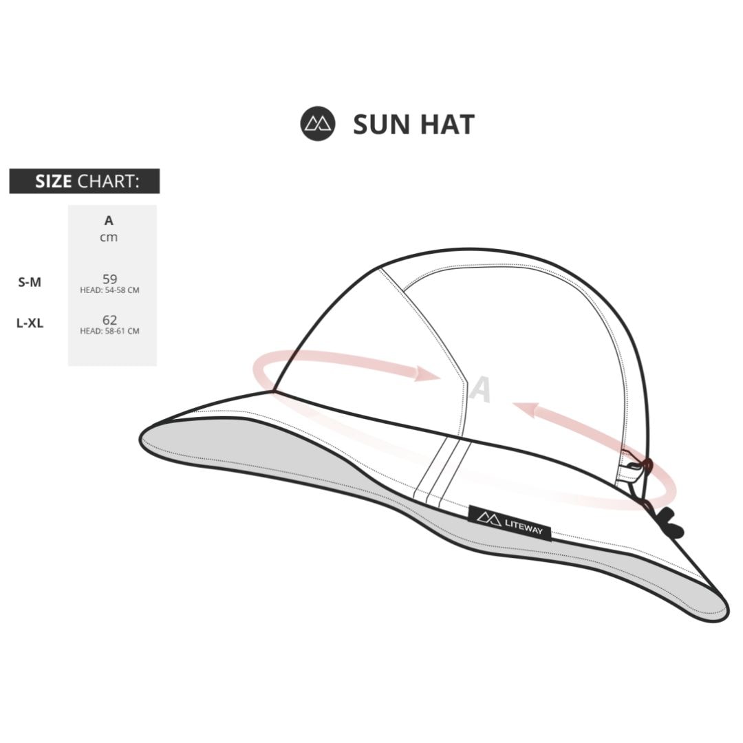 LITEWAY SUN HAT サンハット - サイズ表（S/M 頭囲54〜58cm・L/XL 頭囲58〜61cm）（公式画像） - 山道具とULギアのお店 Ascend Lite