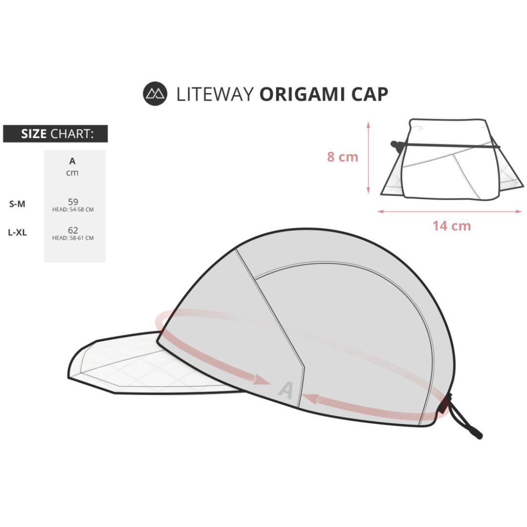 LITEWAY ORIGAMI CAP オリガミキャップ - サイズ表と折りたたみ時の寸法約14×8cm（公式画像） - 山道具とULギアのお店 Ascend Lite