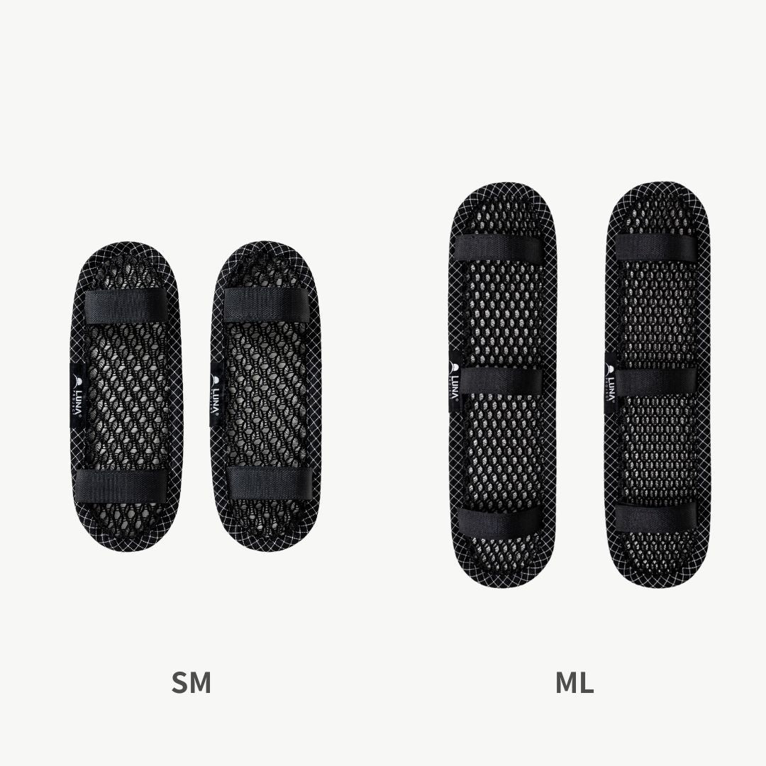 LUNA PROJECT Shoulder Air Mesh Pad ショルダーエアメッシュパッド SMとMLのサイズ比較（各2つ一組） - SMはベロクロストラップ2本、MLは3本 - 山道具とULギアのお店 Ascend Lite