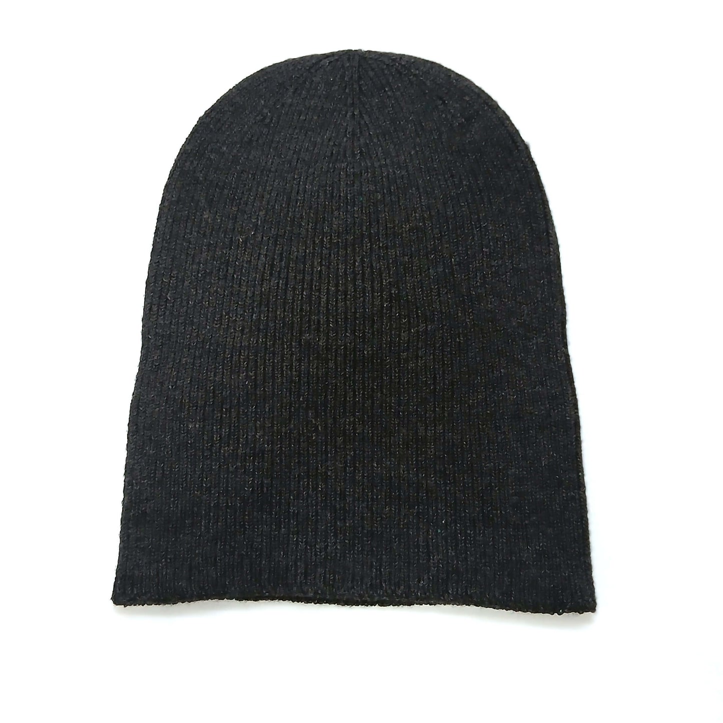 RIDGE MOUNTAIN GEAR Merino PlaX Beanie メリノプラックスビーニー Smoked Black 折り返さずに平置きした前面全体とリブ編みの実物写真 - 山道具とULギアのお店 Ascend Lite