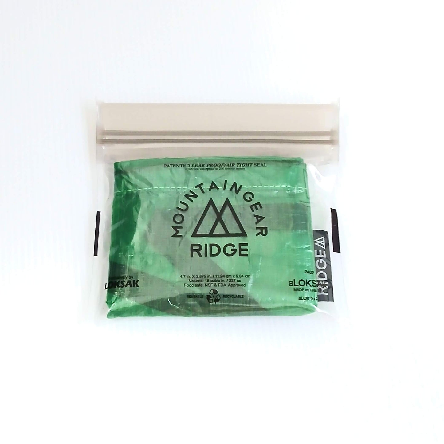 RIDGE MOUNTAIN GEAR Stuff Sack スタッフサック Jade Leaf 本体を折りたたんで付属のaLOKSAK XXSに収納した状態の実物写真 - 山道具とULギアのお店 Ascend Lite
