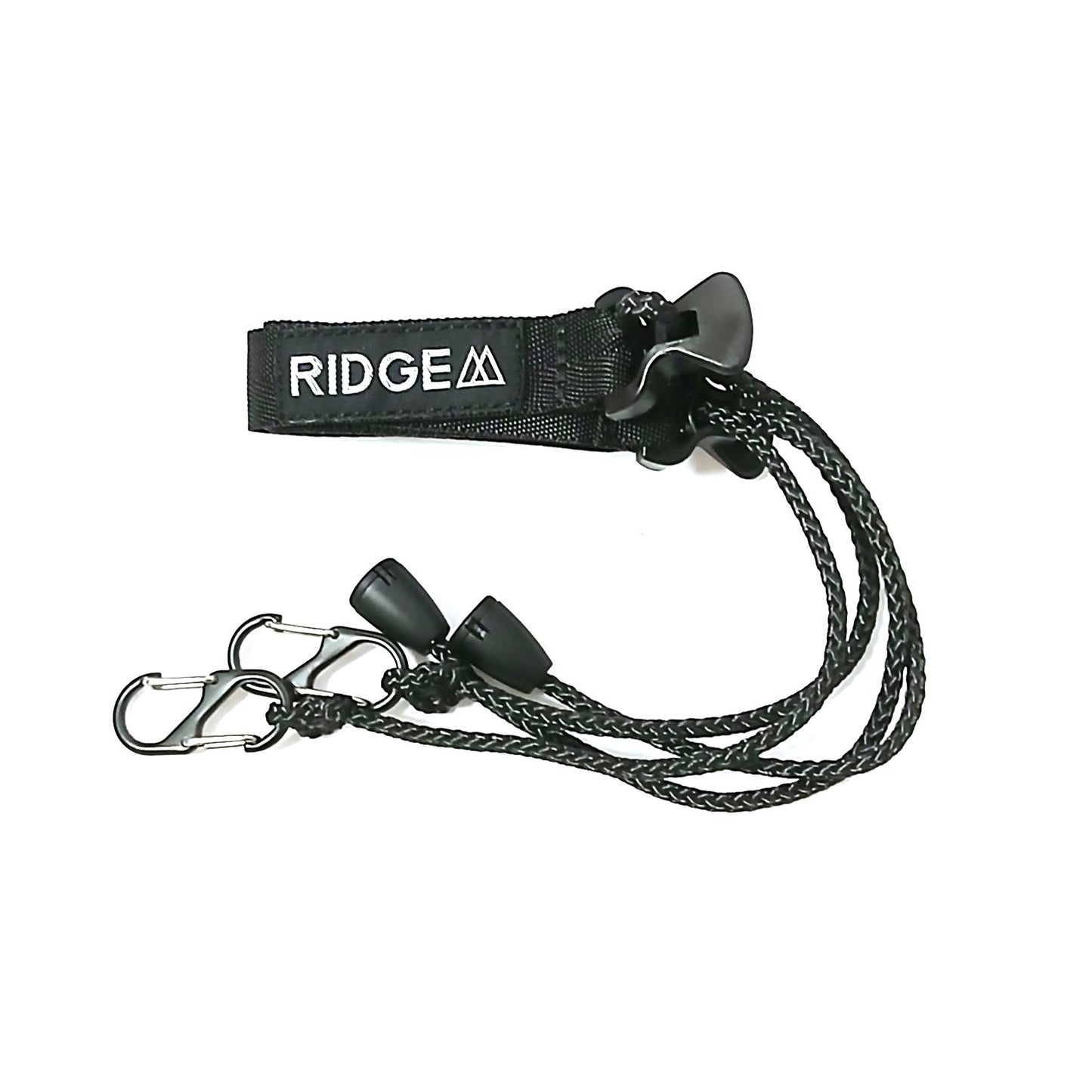 RIDGE MOUNTAIN GEAR Shoulder Strap Tough ショルダーストラップタフ ブラック 全体 - 肩当てのテープ部に入るRIDGE Mロゴと、編み込みロープ・コードアジャスター・両端のS字カラビナ - 山道具とULギアのお店 Ascend Lite