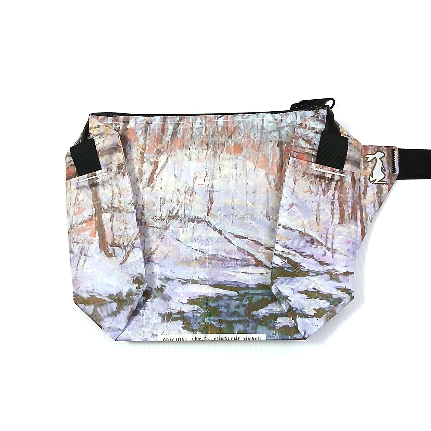 High Tail Designs The Ultralight Fanny Pack ファニーパック Serenity Snow（Charlene Marsh） 雪の残る林と白樺の幹、手前の雪解けの小川を厚塗りの油彩タッチで描いた柄の正面全体と、淡いピンクを帯びた空の実物写真 - 山道具とULギアのお店 Ascend Lite