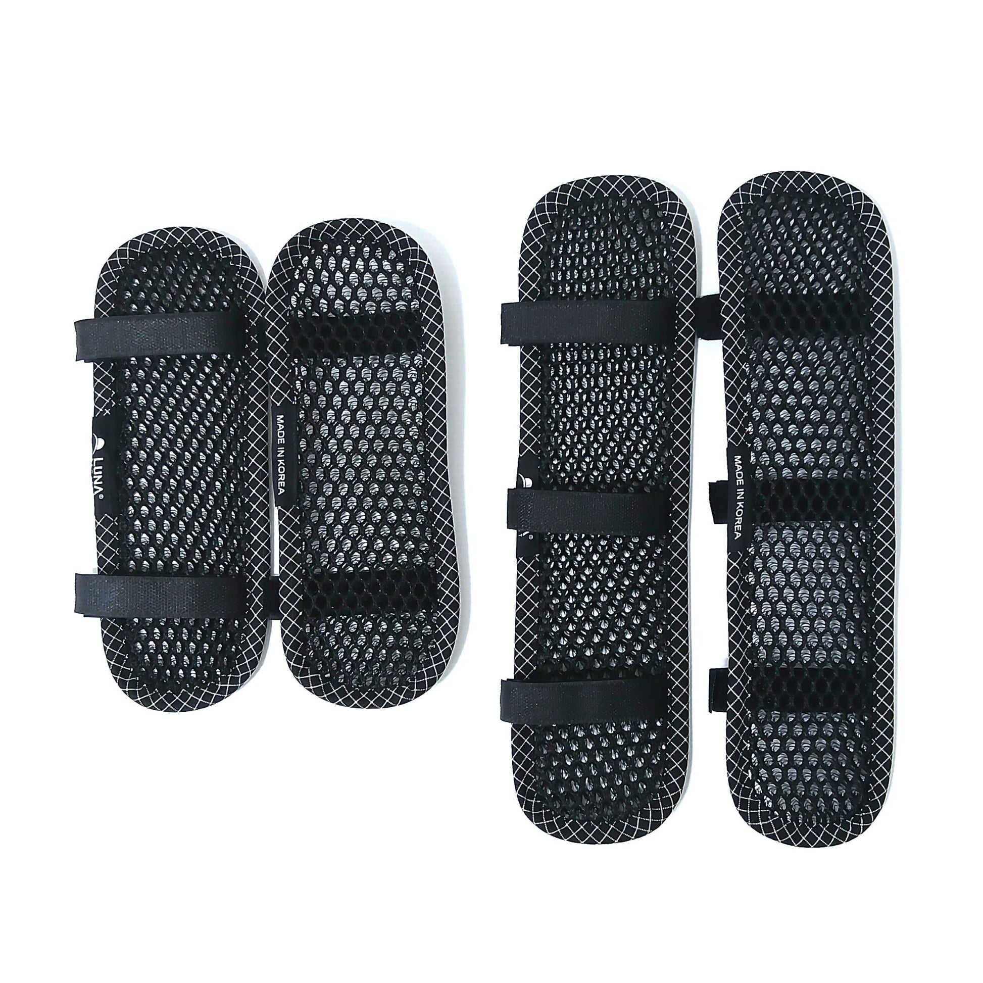 LUNA PROJECT Shoulder Air Mesh Pad ショルダーエアメッシュパッド 実物 SMとMLを2枚ずつ並べたカット - 左が短いSM・右が長いML、エアメッシュ面とベロクロストラップ面の両方 - 山道具とULギアのお店 Ascend Lite