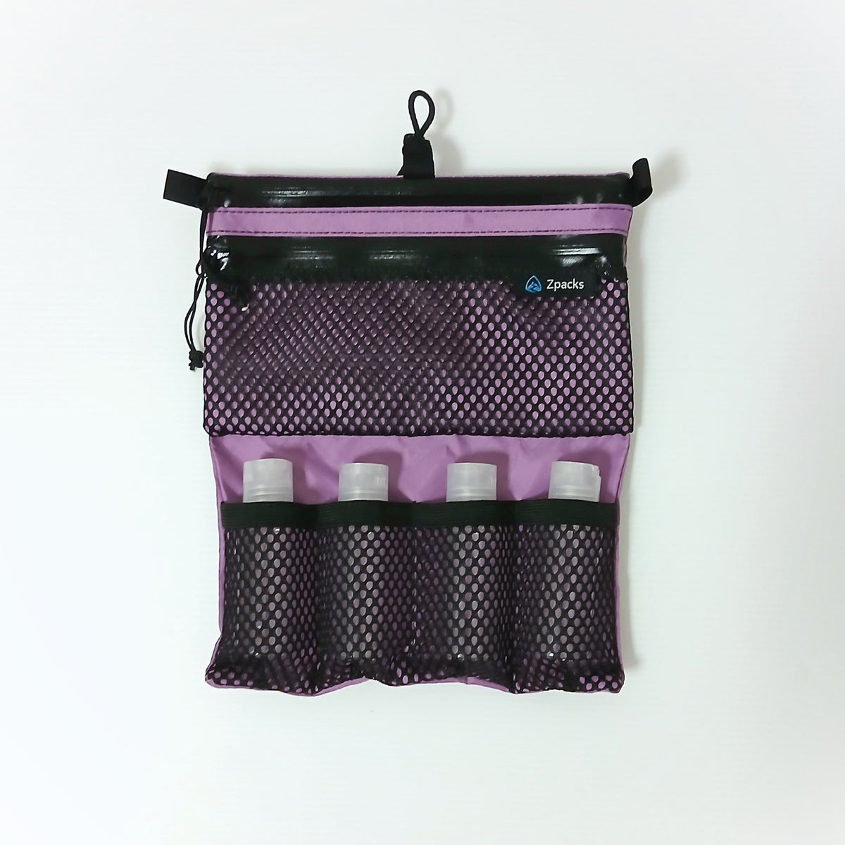 Zpacks Shower Satchel シャワーサッチェル Lilac - 広げた状態で付属ボトル4本を入れた実物写真 - 山道具とULギアのお店 Ascend Lite