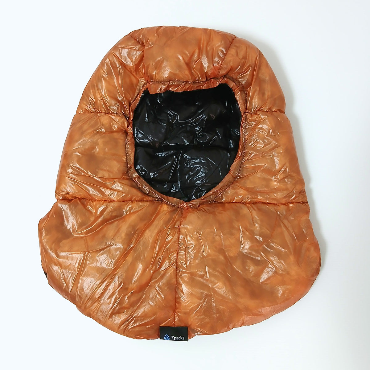Zpacks Down Hood ダウンフード Black / Orange - オレンジ面を外側にして正面から見た全体の実物写真 - 山道具とULギアのお店 Ascend Lite