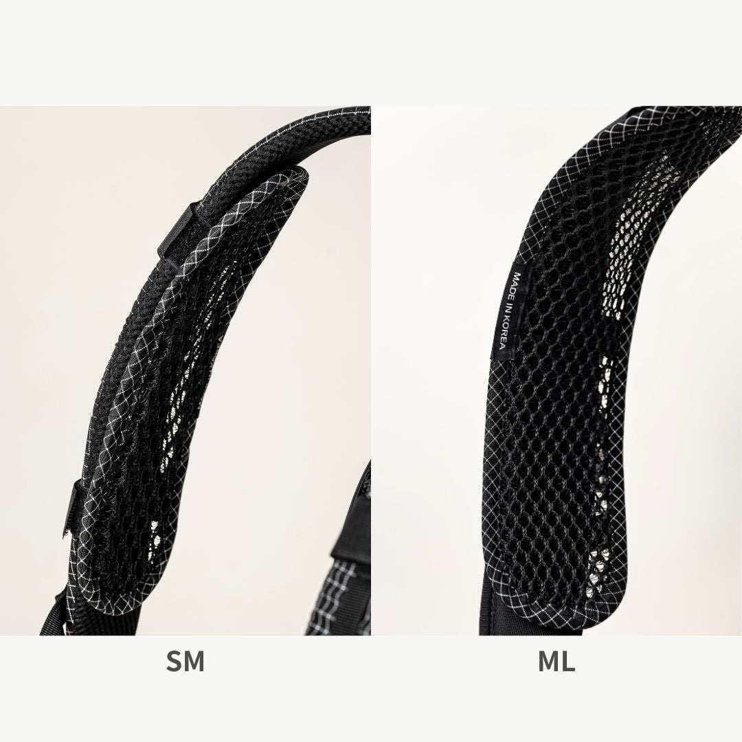 LUNA PROJECT Shoulder Air Mesh Pad ショルダーストラップに巻いて固定した状態の側面（SM・ML） - エアメッシュ面と周縁のX-Grid縁取り - 山道具とULギアのお店 Ascend Lite