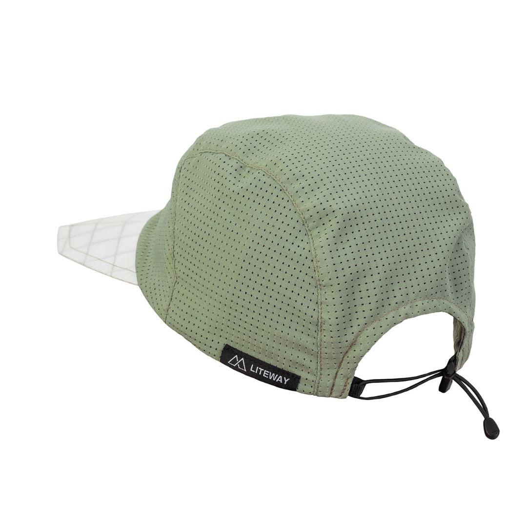 LITEWAY ORIGAMI CAP オリガミキャップ Sage - 斜め後ろから見たストッパー付き伸縮コード（公式画像） - 山道具とULギアのお店 Ascend Lite