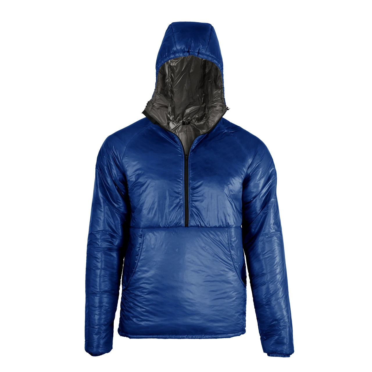 Enlightened Equipment Men's Torrid Pullover トリッドプルオーバー Navy 10D / Charcoal 10D フロント全体。ネイビー本体とチャコールのフード見返し - 山道具とULギアのお店 Ascend Lite