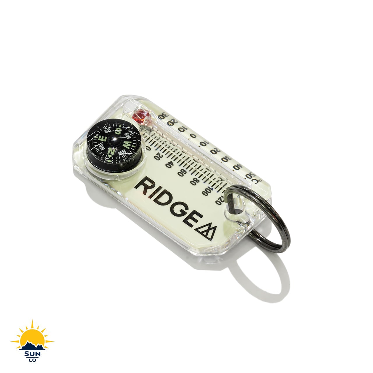 RIDGE MOUNTAIN GEAR Therm-o-compass サーモコンパス LumaGage（蓄光）明るい場所での全体（公式画像） - 山道具とULギアのお店 Ascend Lite