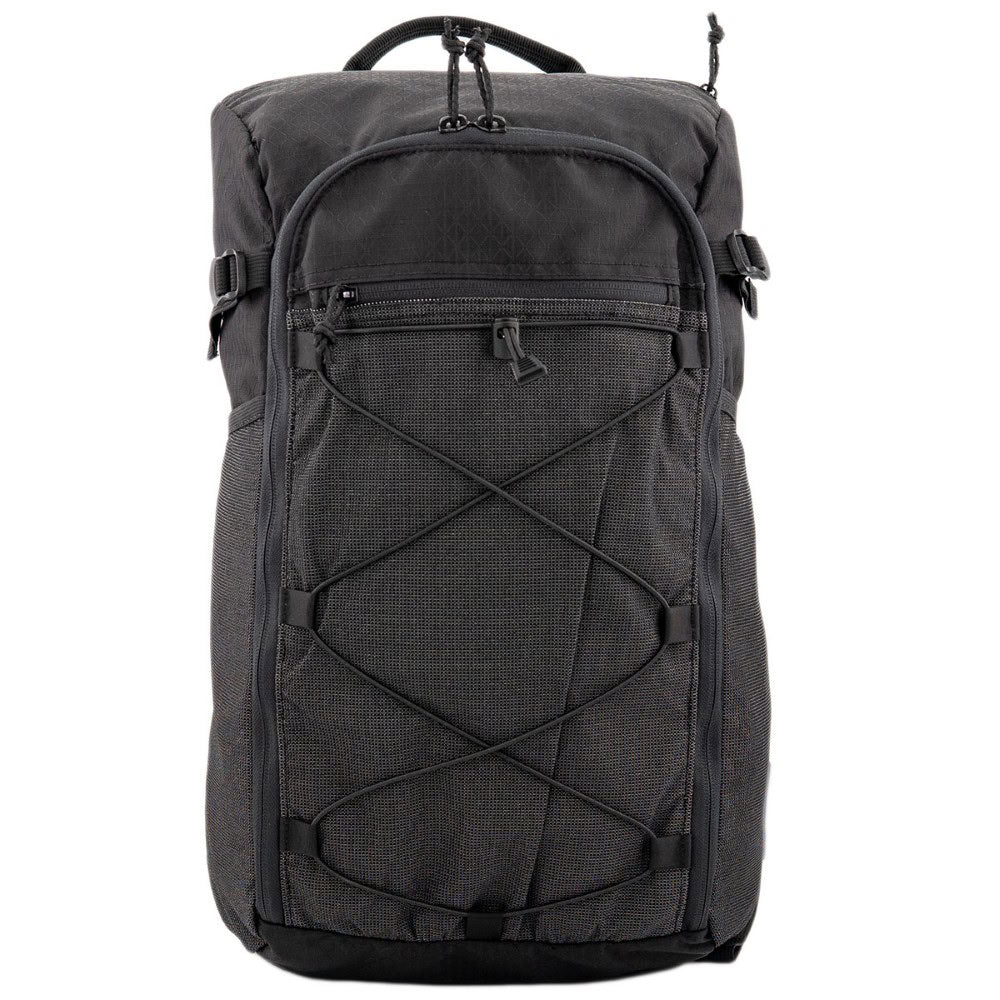ULA Equipment 36L Dragonfly ドラゴンフライ Black Diamond Robic 正面全体。ダイヤ柄のロビック生地とフロントポケットのX字バンジーコード、天面のトップポケット（公式画像） - 山道具とULギアのお店 Ascend Lite
