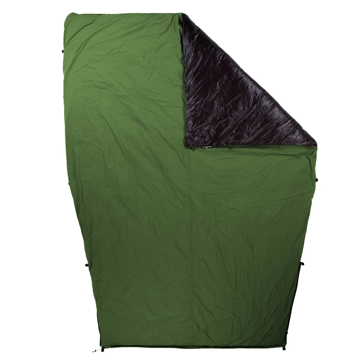 Enlightened Equipment Revelation APEX Sleeping Quilt 40°F Forest/Charcoal 全開してブランケット状に広げた状態 - 表のフォレストグリーンと裏のチャコール、側面のパッドアタッチメント用ループが見える - 山道具とULギアのお店 Ascend Lite