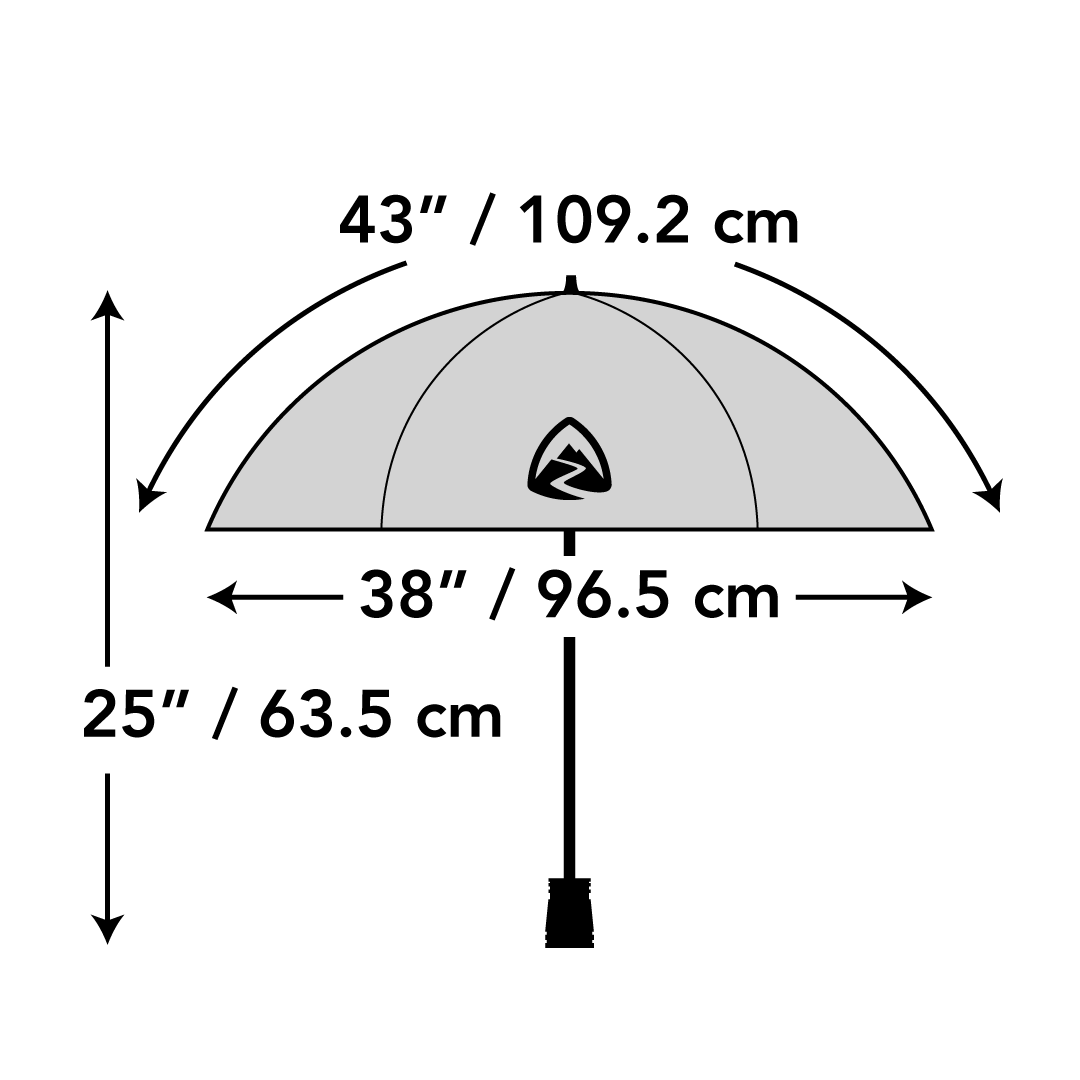 Zpacks Lotus UL Umbrella ロータスULアンブレラ - 寸法図。弧の長さ109.2cm・直径96.5cm・高さ63.5cm（公式画像） - 山道具とULギアのお店 Ascend Lite