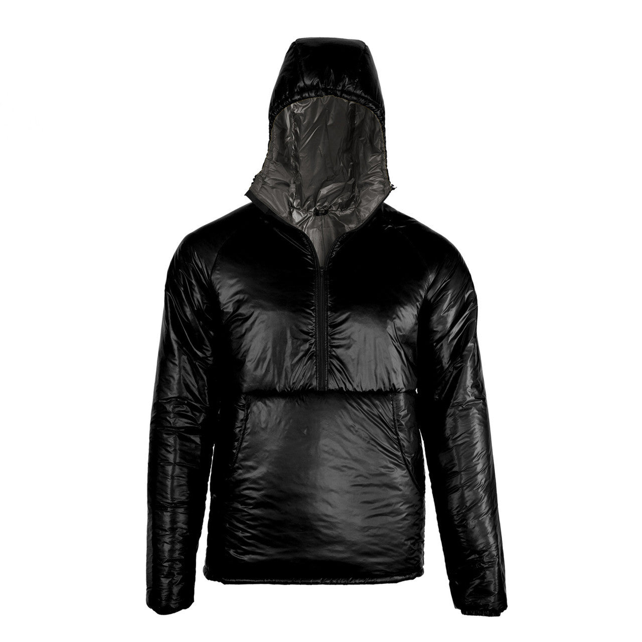 Enlightened Equipment Men's Torrid Pullover トリッドプルオーバー Black 10D / Charcoal 10D フロント全体。フードと1/2ジップ、前面のマルスピアルポーチ - 山道具とULギアのお店 Ascend Lite