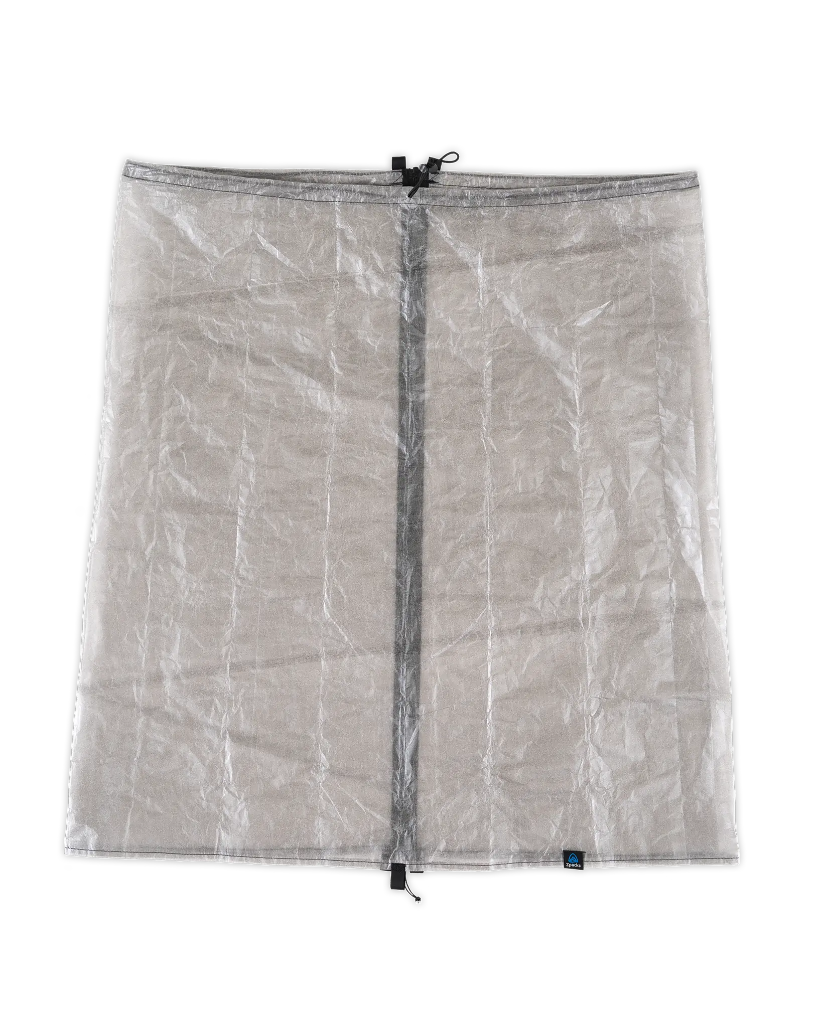 Zpacks DCF Rain Kilt DCFレインキルト 平置き背面 - スカート状に閉じた平置き。中央を縦断するフルレングス防水ジッパーと、上端のドローコード・コードロック（公式画像） - 山道具とULギアのお店 Ascend Lite
