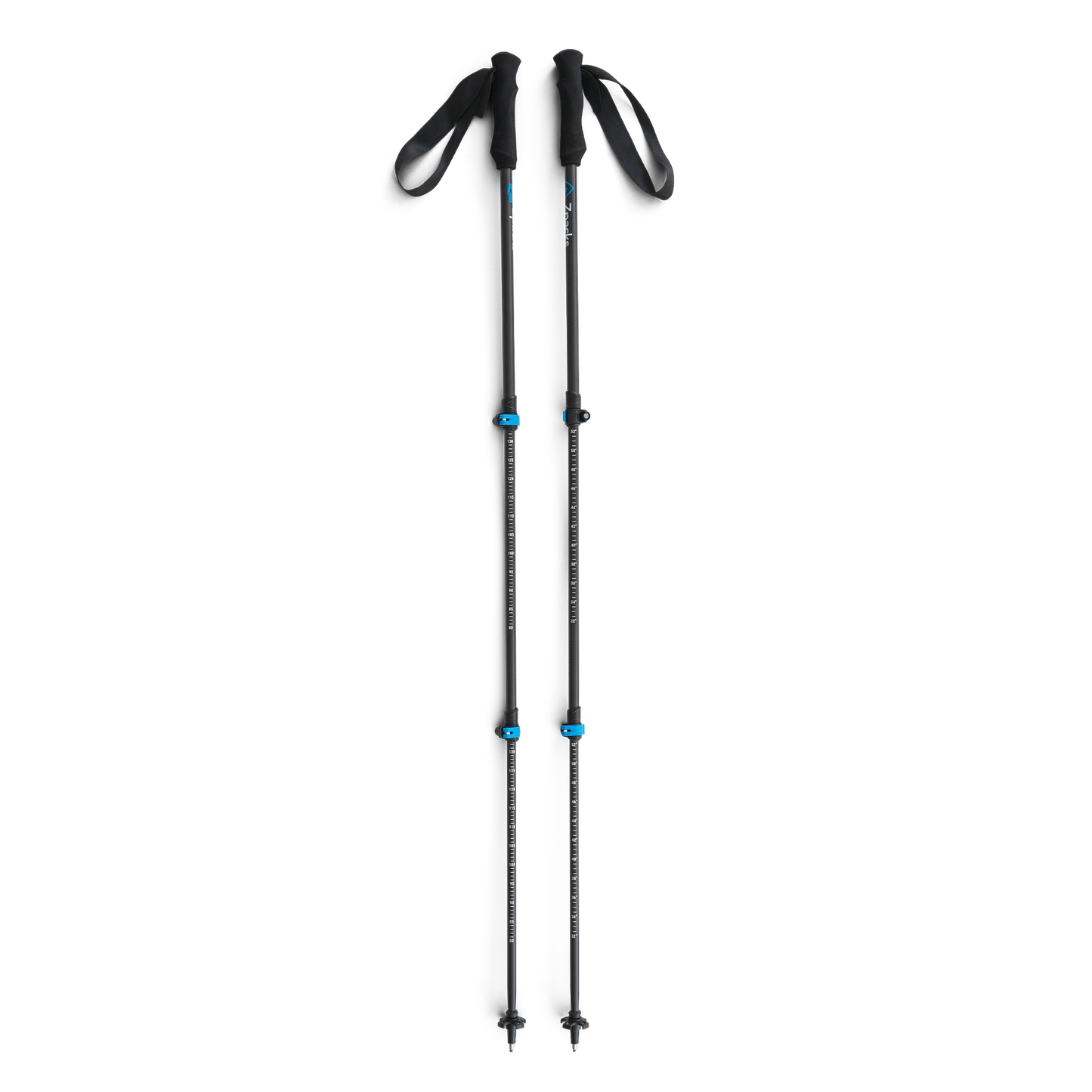 Zpacks Minimalist Trekking Pole ミニマリストトレッキングポール 2本を伸ばして並べた全体像・3段構造と青いレバー式クラスプロック2カ所、シャフトの長さ目盛り（公式画像） - 山道具とULギアのお店 Ascend Lite