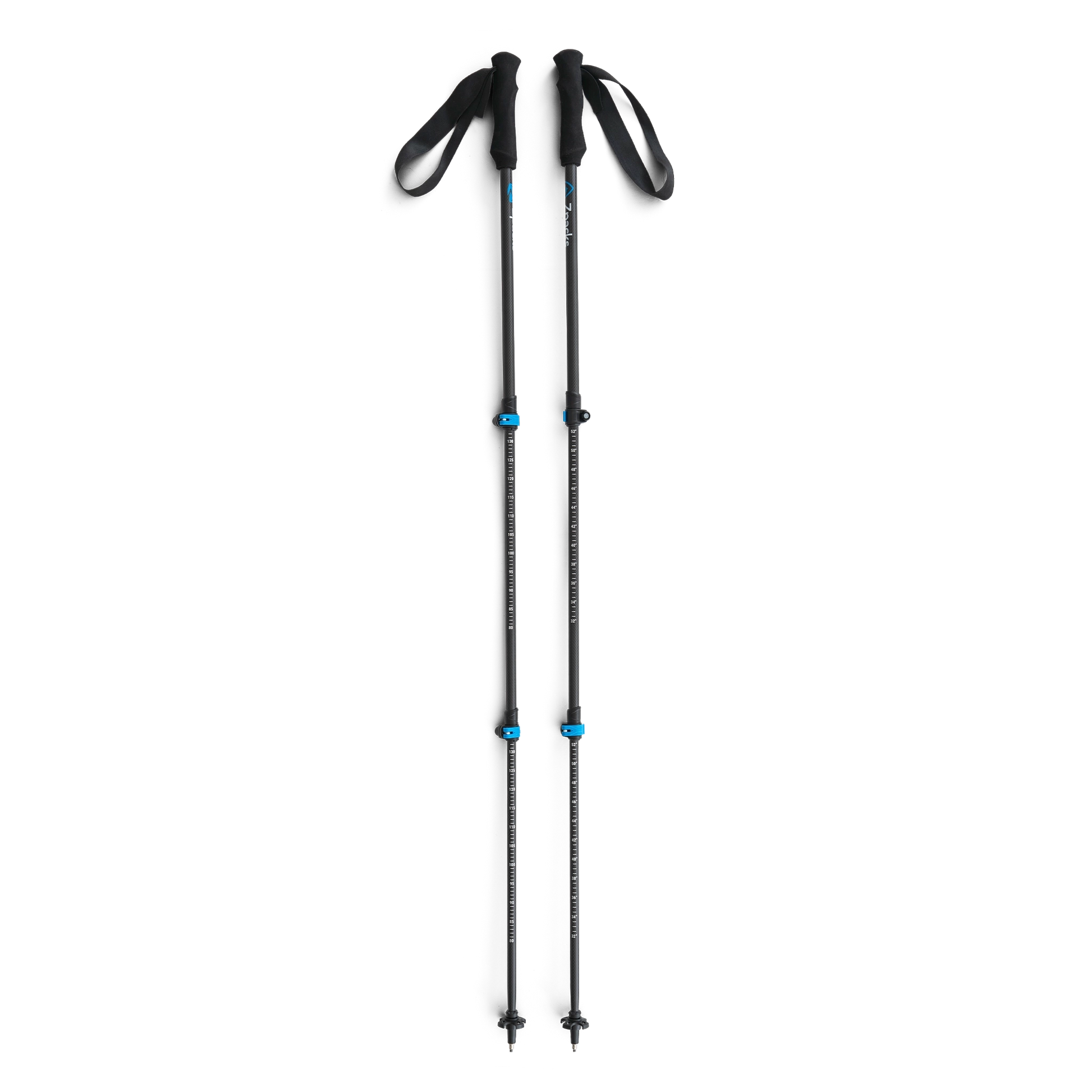 Zpacks Minimalist Trekking Pole ミニマリストトレッキングポール 2本を伸ばして並べた全体像・3段構造と青いレバー式クラスプロック2カ所、シャフトの長さ目盛り（公式画像） - 山道具とULギアのお店 Ascend Lite