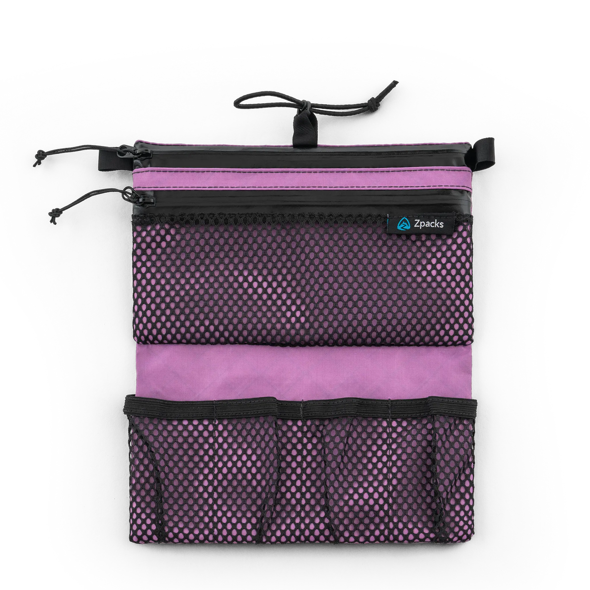Zpacks Shower Satchel シャワーサッチェル Lilac - 広げた状態のメッシュポケットとボトルポケット（公式画像） - 山道具とULギアのお店 Ascend Lite