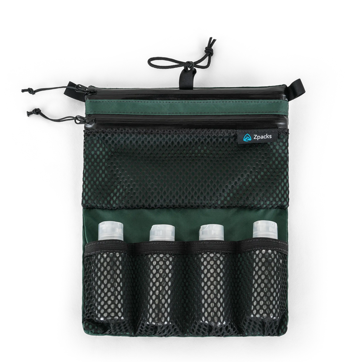 Zpacks Shower Satchel シャワーサッチェル ボトル装着 - メッシュのボトルポケットに付属ボトル4本を入れた状態（当店未取扱色Forest Greenの公式画像） - 山道具とULギアのお店 Ascend Lite