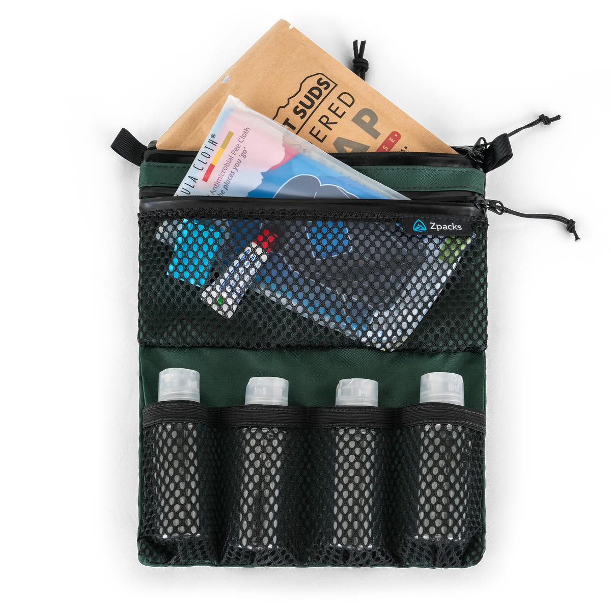 Zpacks Shower Satchel シャワーサッチェル 収納例 - 洗面用品と小分けボトル4本を収めた状態（当店未取扱色Forest Greenの公式画像） - 山道具とULギアのお店 Ascend Lite