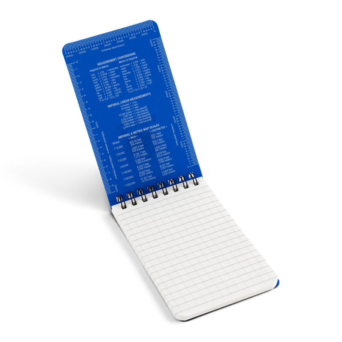Zpacks Waterproof Trail Notebook 防水トレイルノート 表紙を開いた状態。表紙の内側に単位換算表と地図縮尺表、縁に目盛りが印刷されている - 山道具とULギアのお店 Ascend Lite