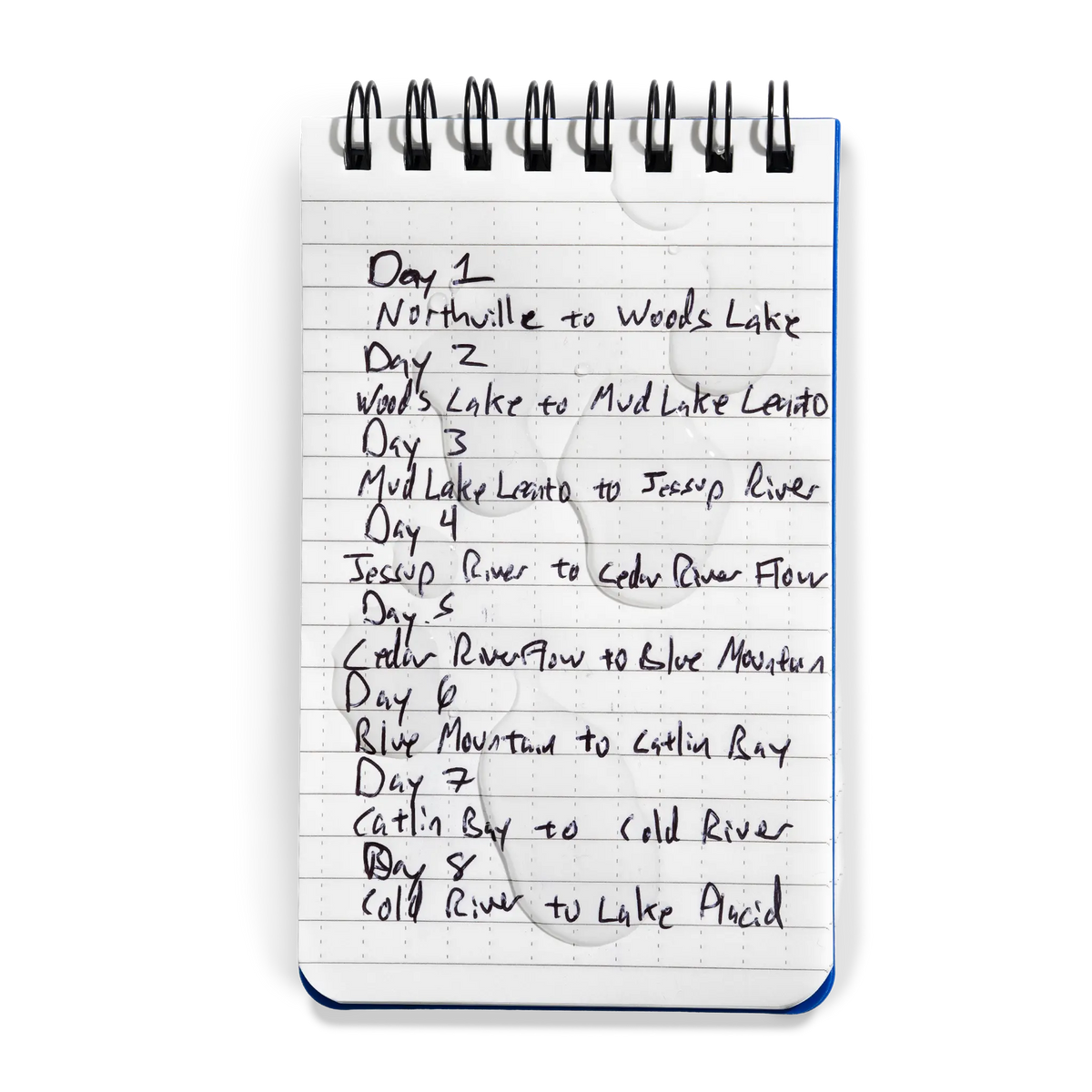 Zpacks Waterproof Trail Notebook 防水トレイルノート 水滴が付いた状態の手書き山行記録ページ。防水ページでインクがにじまない - 山道具とULギアのお店 Ascend Lite