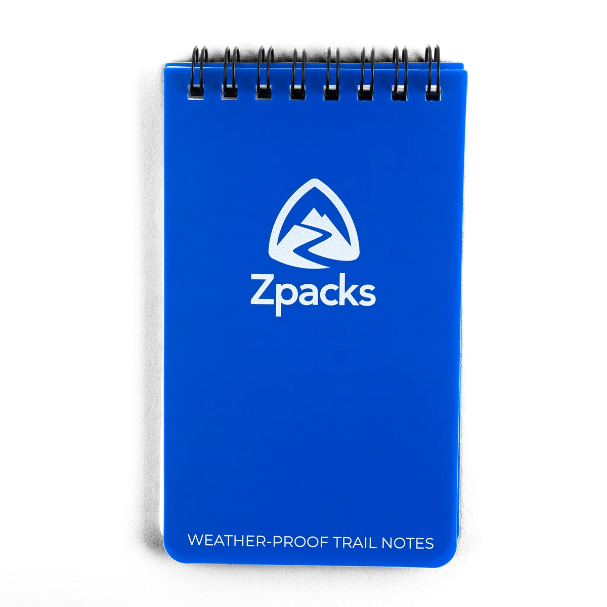 Zpacks Waterproof Trail Notebook 防水トレイルノート Blue の表紙正面。WEATHER-PROOF TRAIL NOTESの印字とスパイラル綴じ - 山道具とULギアのお店 Ascend Lite
