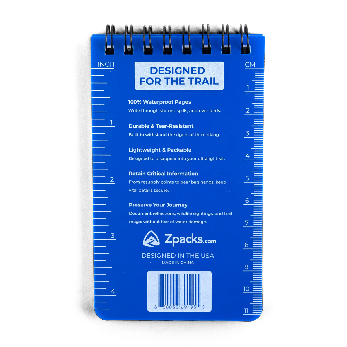 Zpacks Waterproof Trail Notebook 防水トレイルノート 裏表紙。100%防水ページなど特徴の説明と、縁のインチ/センチ定規目盛り - 山道具とULギアのお店 Ascend Lite