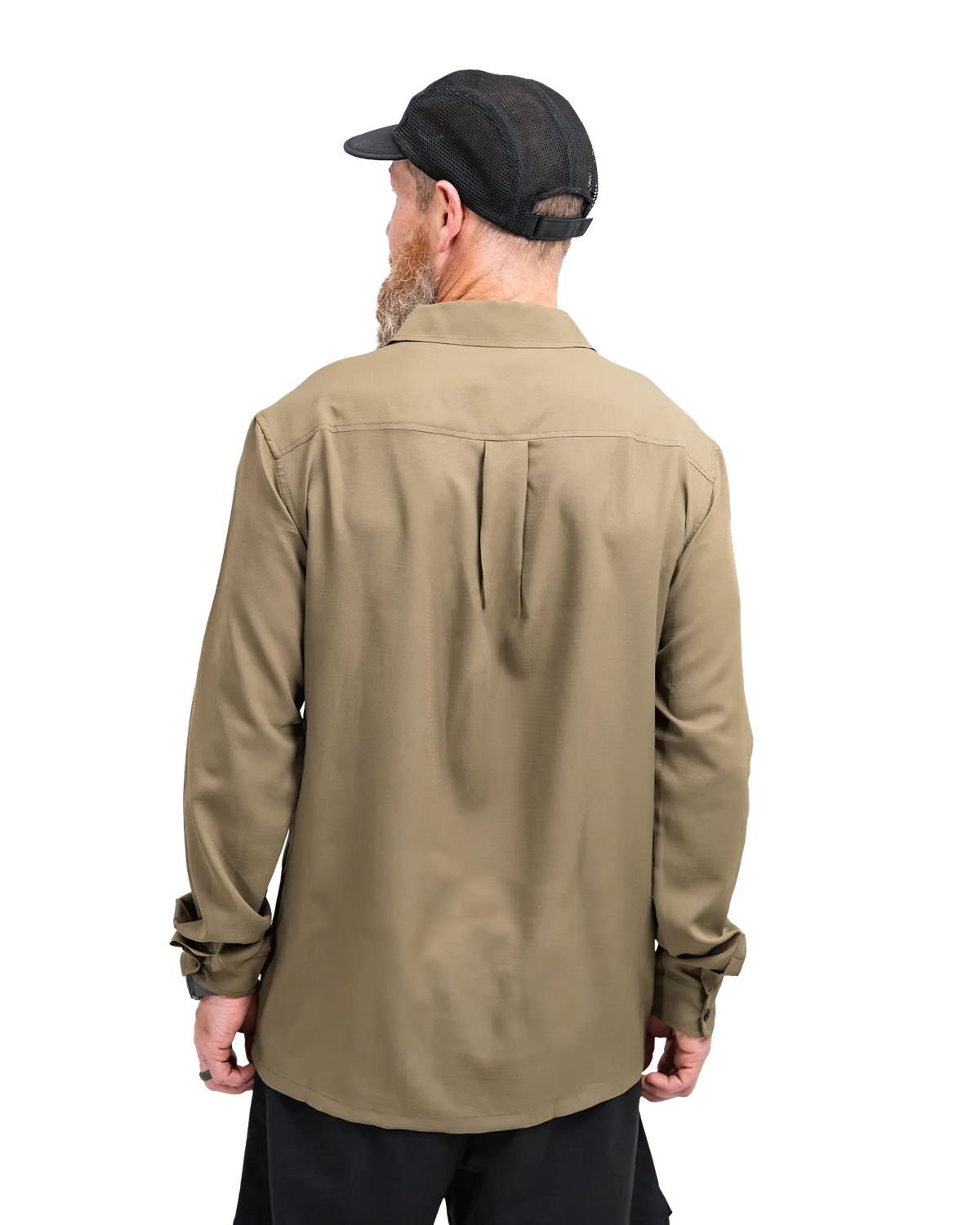 Zpacks x TownShirt Button Up Hiking Shirt タウンシャツ ボタンアップハイキングシャツ Olive Drab - 背面から見た着用全体（公式画像） - 山道具とULギアのお店 Ascend Lite