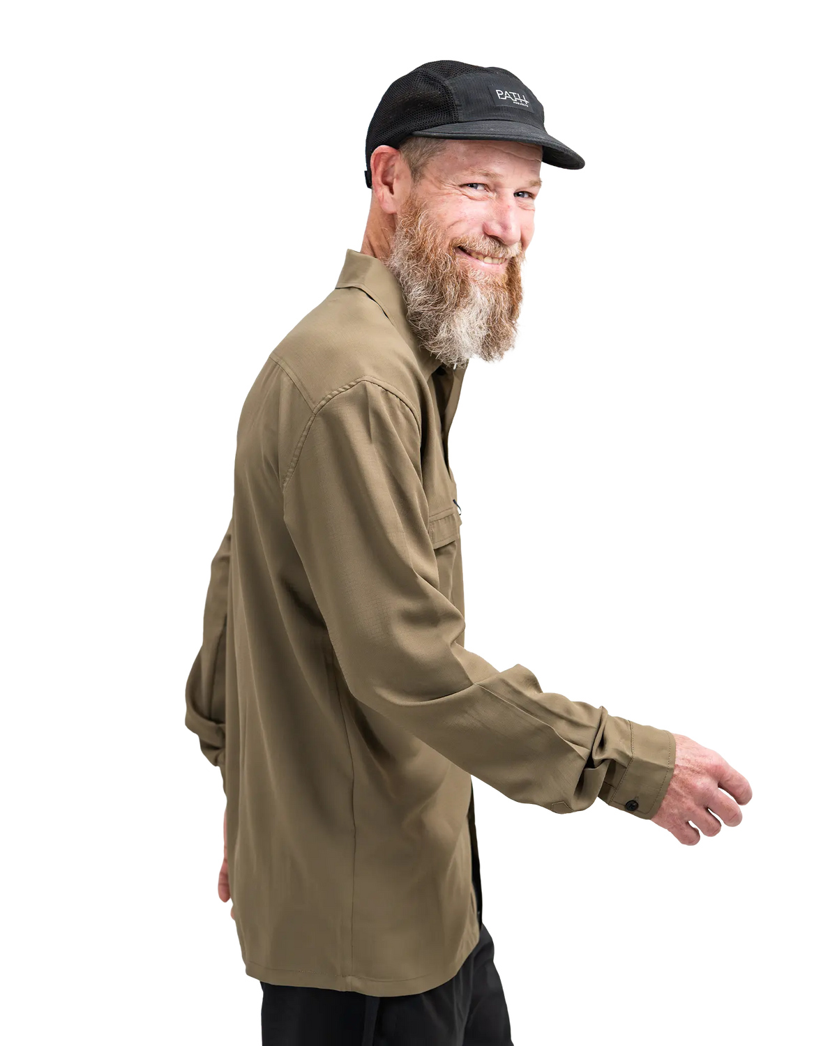 Zpacks x TownShirt Button Up Hiking Shirt タウンシャツ ボタンアップハイキングシャツ Olive Drab - 側面から見た着用。袖をまくった状態（公式画像） - 山道具とULギアのお店 Ascend Lite