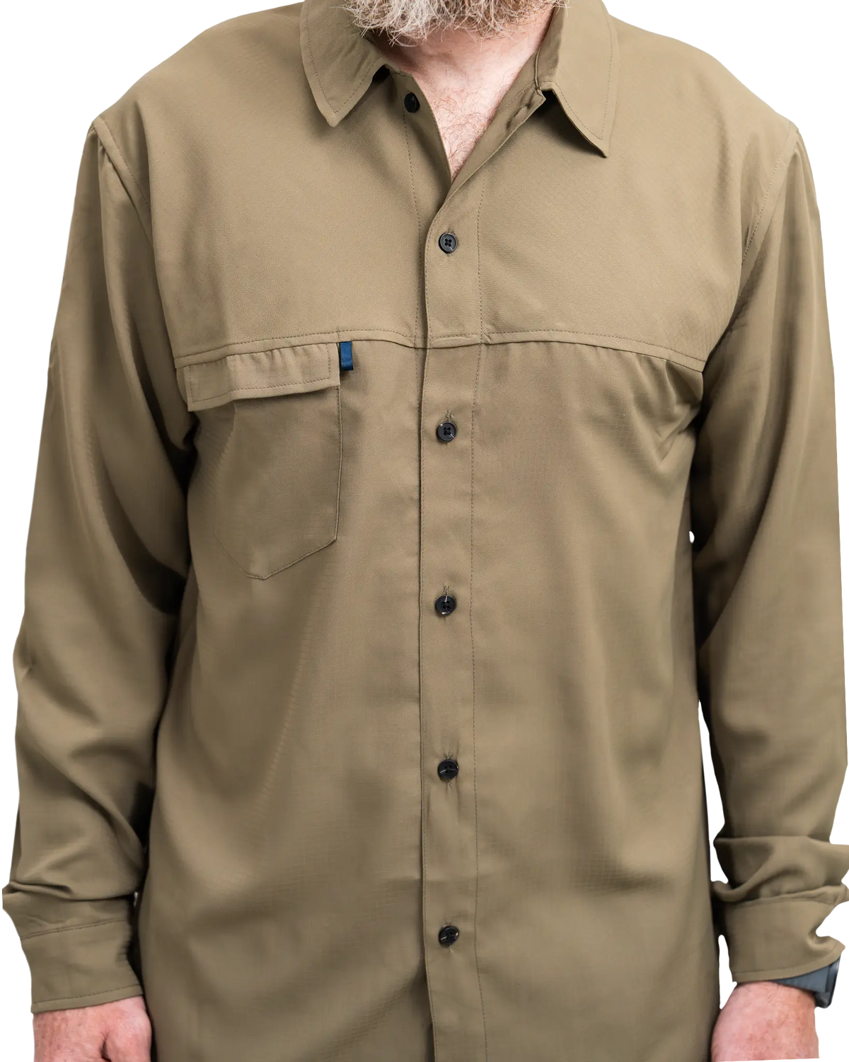 Zpacks x TownShirt Button Up Hiking Shirt タウンシャツ ボタンアップハイキングシャツ Olive Drab - 胸ポケットと前立てのボタンのクローズアップ（公式画像） - 山道具とULギアのお店 Ascend Lite