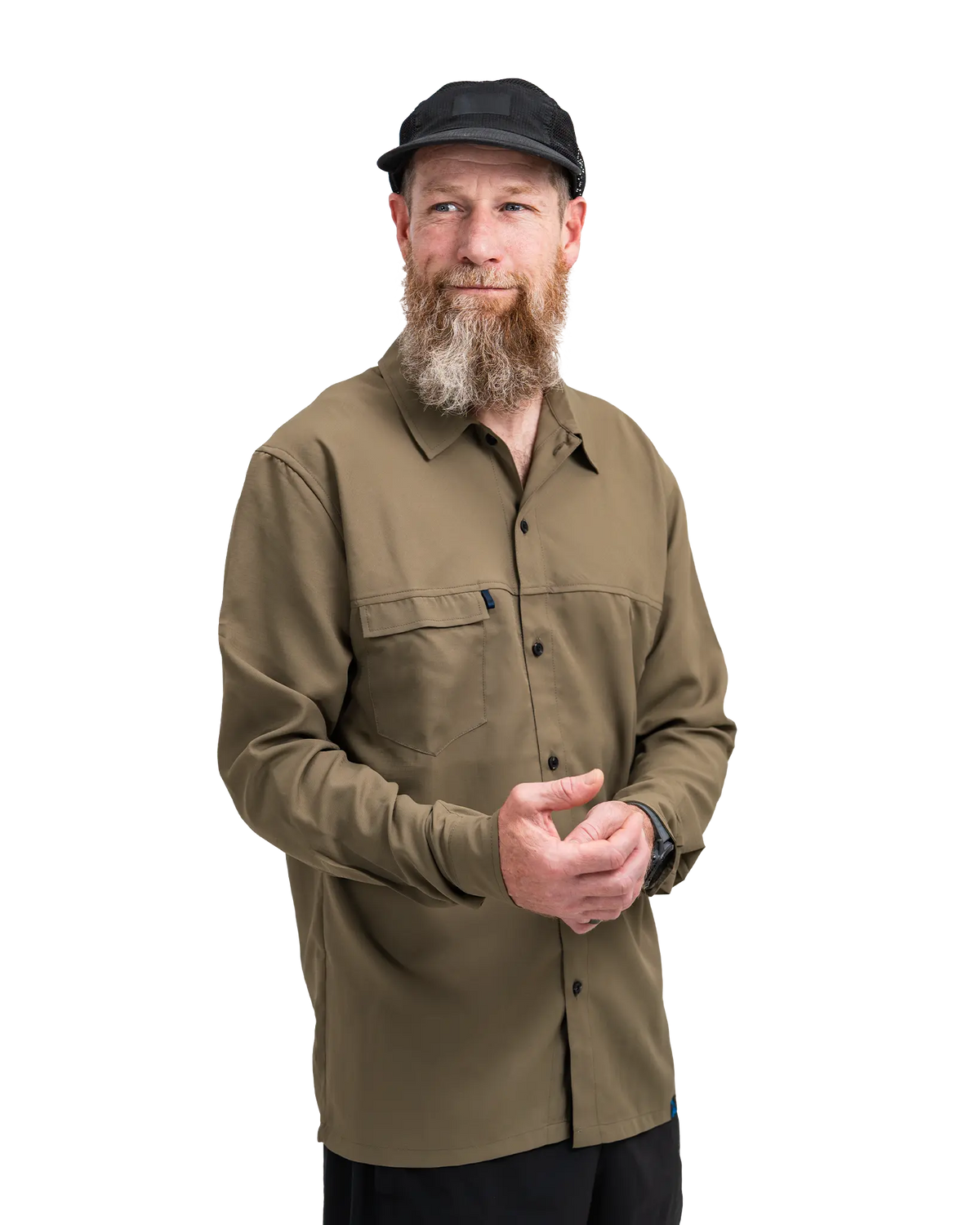 Zpacks x TownShirt Button Up Hiking Shirt タウンシャツ ボタンアップハイキングシャツ Olive Drab - 正面から見た着用全体（公式画像） - 山道具とULギアのお店 Ascend Lite