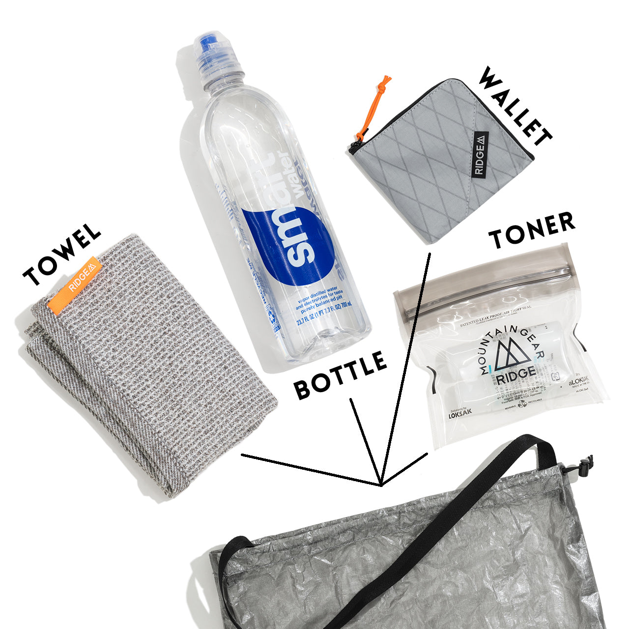 RIDGE MOUNTAIN GEAR Stuff Sack スタッフサック タオル・ボトル・ウォレット・化粧水を入れた収納例（公式画像） - 山道具とULギアのお店 Ascend Lite