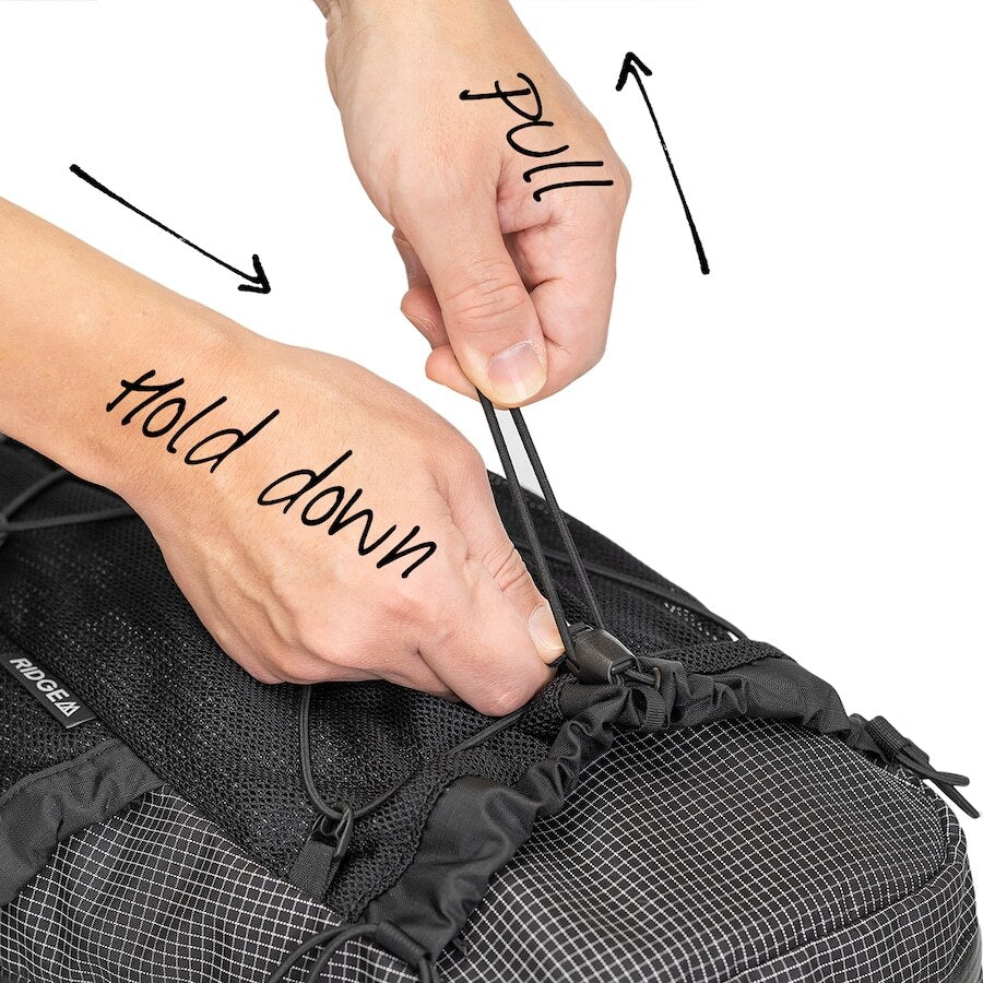 RIDGE MOUNTAIN GEAR One Mile MP ワンマイルMP 上部ドローコードを押さえながら締める操作方法（公式画像） - 山道具とULギアのお店 Ascend Lite