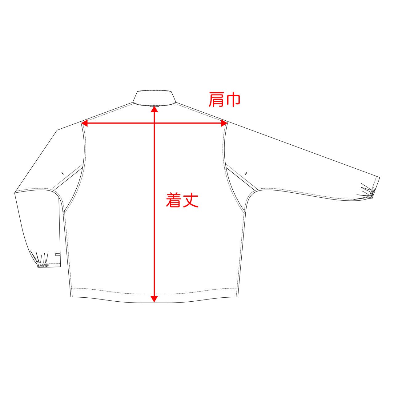 RIDGE MOUNTAIN GEAR Enough Shell Jacket イナフシェルジャケット 背面イラストによる採寸箇所図 肩巾・着丈の測り方（公式画像） - 山道具とULギアのお店 Ascend Lite