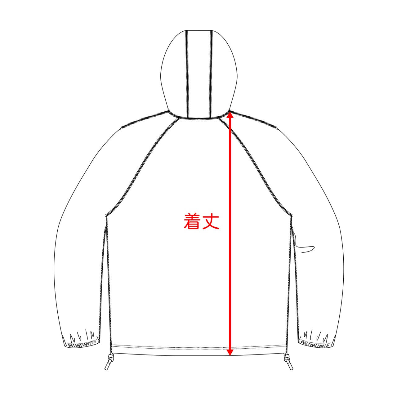 RIDGE MOUNTAIN GEAR Alpha Full Zip Hoodie アルファフルジップフーディ 寸法図 後身頃 着丈の測り方（公式画像） - 山道具とULギアのお店 Ascend Lite