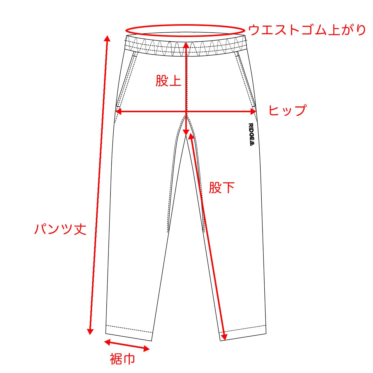 RIDGE MOUNTAIN GEAR Unwind Pants アンワインドパンツ 採寸箇所を示した寸法図（ウエストゴム上がり・股上・ヒップ・股下・パンツ丈・裾巾）（公式画像） - 山道具とULギアのお店 Ascend Lite