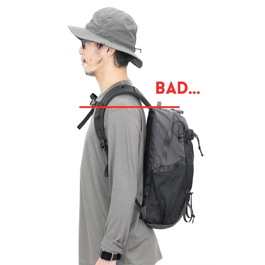 RIDGE MOUNTAIN GEAR One Mile MP ワンマイルMP 避けたい背負い位置の例（BAD）（公式画像） - 山道具とULギアのお店 Ascend Lite