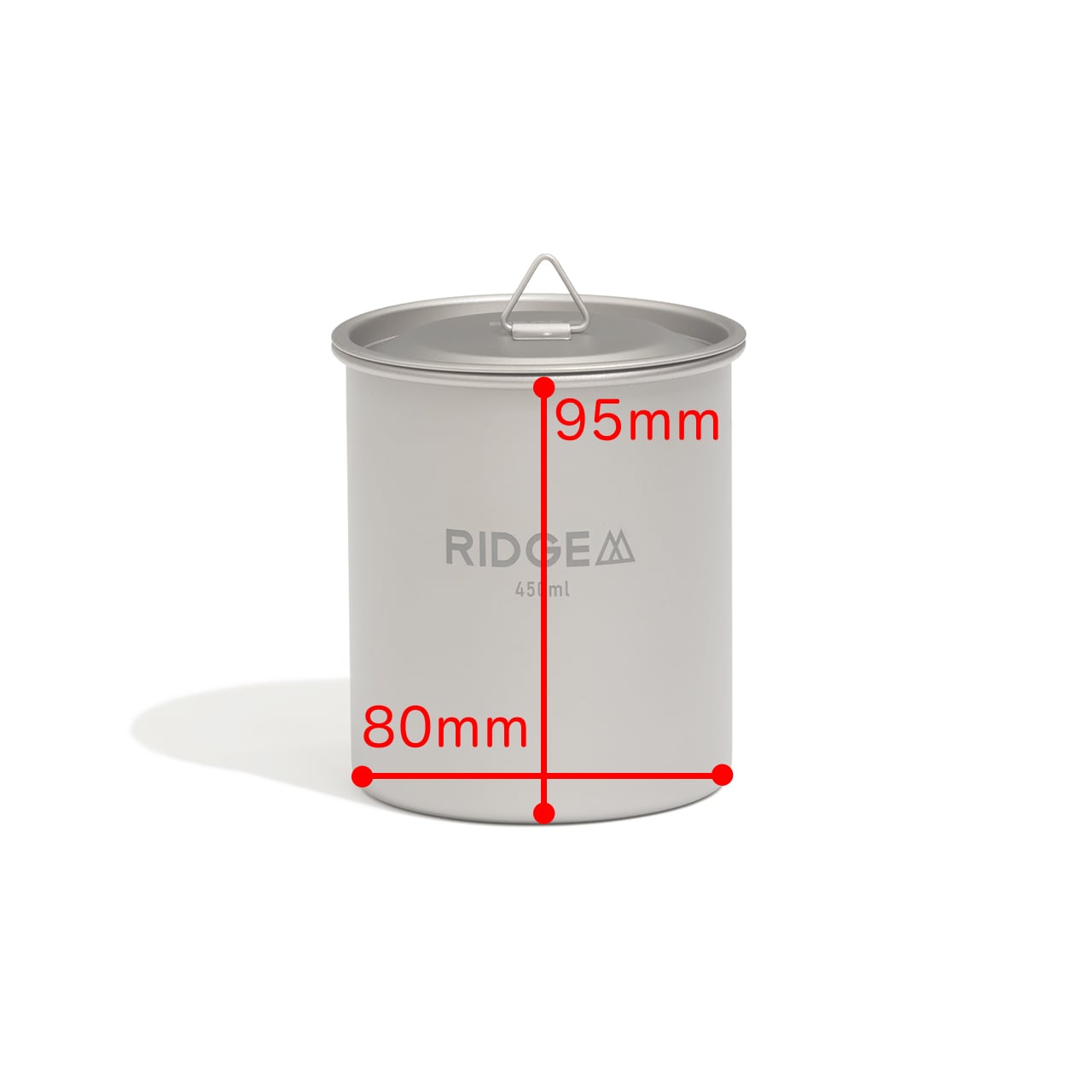 RIDGE MOUNTAIN GEAR Titanium Mug 450ml チタンマグ450ml 高さ95mm×直径80mmを示す寸法図（公式画像） - 山道具とULギアのお店 Ascend Lite