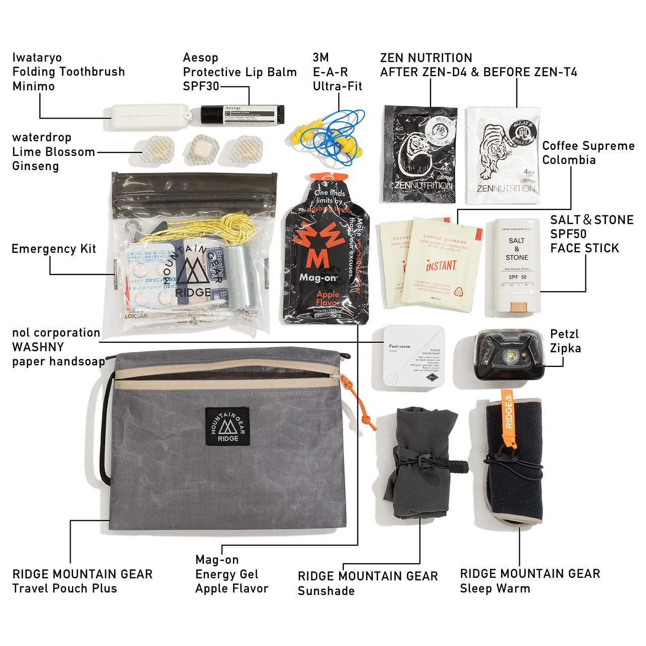 RIDGE MOUNTAIN GEAR Travel Pouch Plus トラベルポーチプラス 日帰り山行を想定した収納例（公式画像） - 山道具とULギアのお店 Ascend Lite
