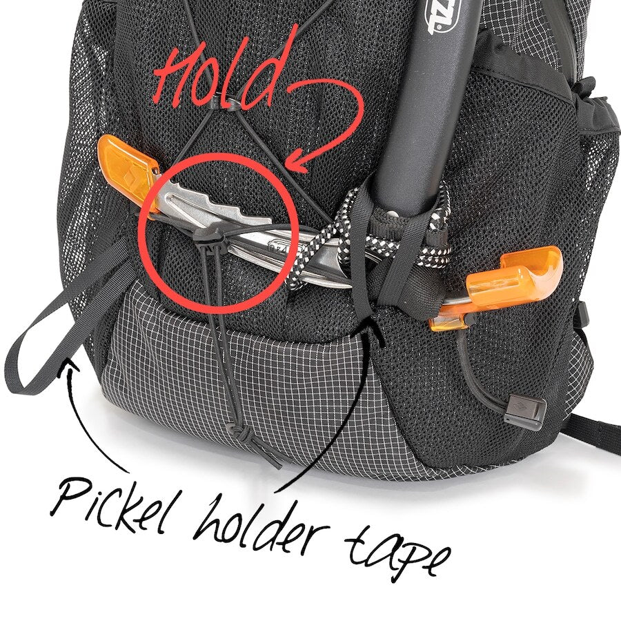 RIDGE MOUNTAIN GEAR One Mile MP ワンマイルMP 下部ピッケルホルダーテープへのピッケルの通し方（公式画像） - 山道具とULギアのお店 Ascend Lite