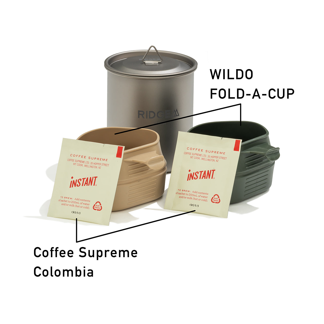 RIDGE MOUNTAIN GEAR Titanium Mug 450ml チタンマグ450ml コーヒーとカップを並べた使用例（公式画像） - 山道具とULギアのお店 Ascend Lite