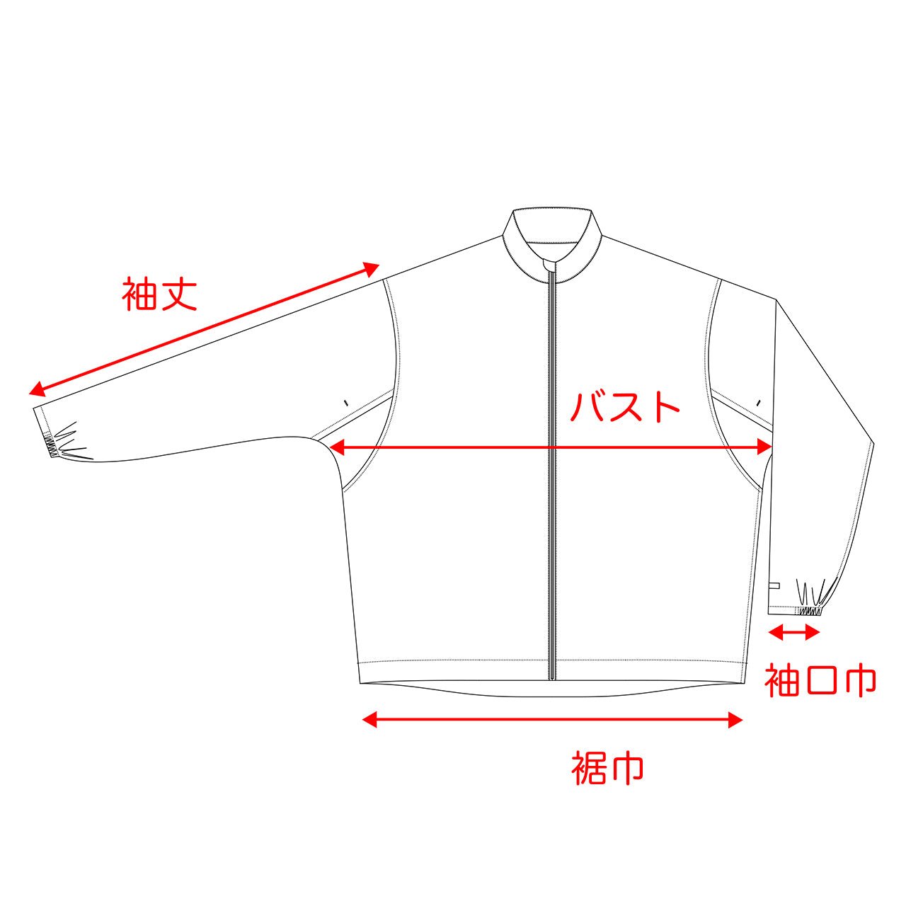 RIDGE MOUNTAIN GEAR Enough Shell Jacket イナフシェルジャケット 前面イラストによる採寸箇所図 袖丈・バスト・裾巾・袖口巾の測り方（公式画像） - 山道具とULギアのお店 Ascend Lite