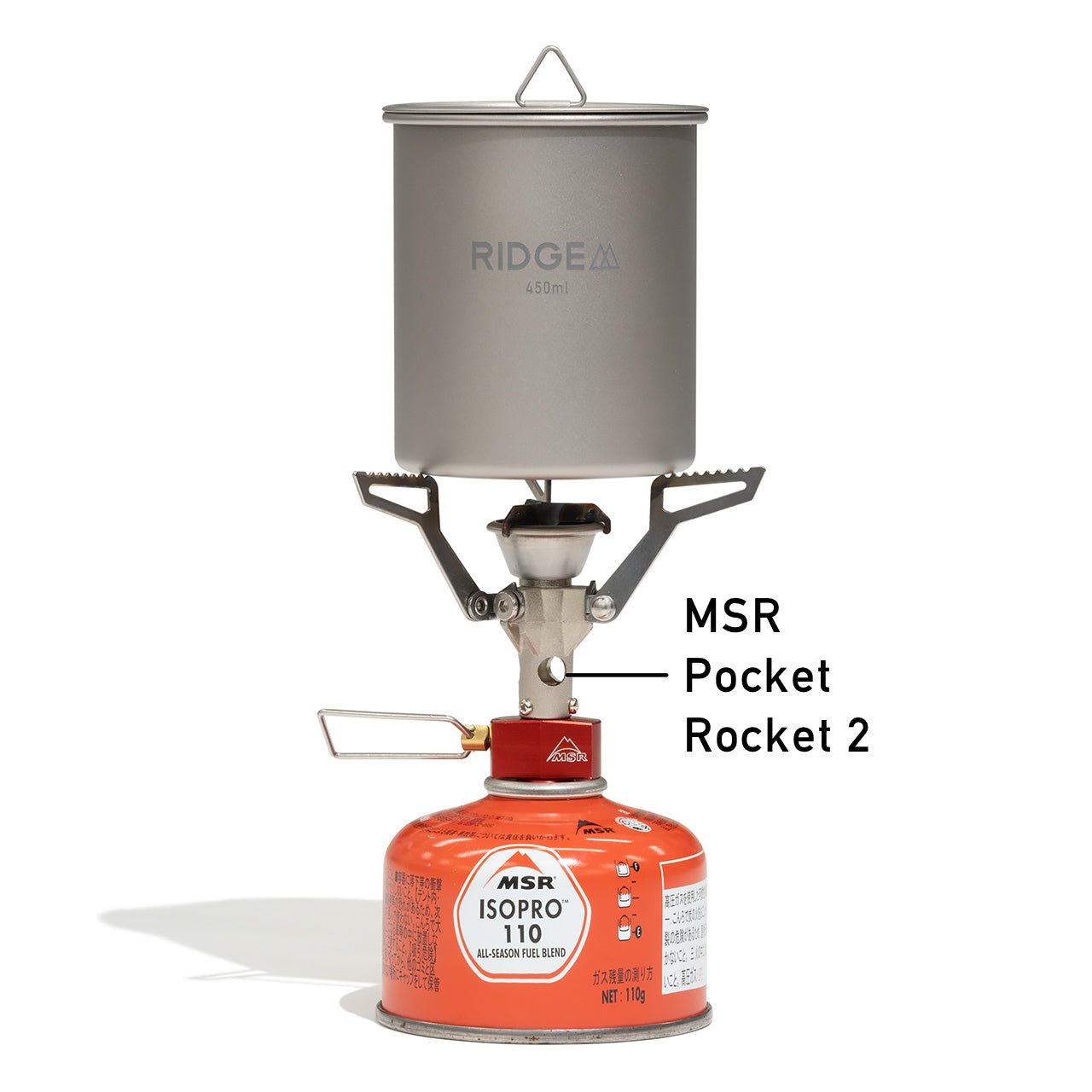 RIDGE MOUNTAIN GEAR Titanium Mug 450ml チタンマグ450ml 小型ガスストーブとガスカートリッジにのせた組み合わせ例（公式画像） - 山道具とULギアのお店 Ascend Lite