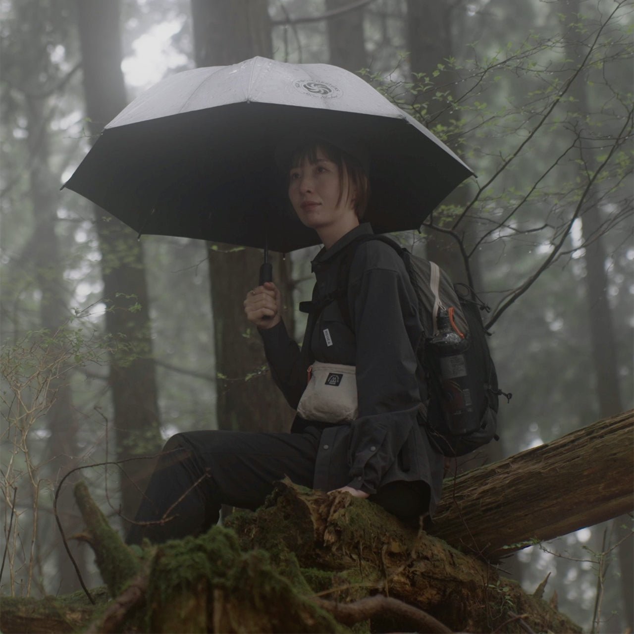 RIDGE MOUNTAIN GEAR One Mile MP ワンマイルMP 雨の樹林帯で傘をさして倒木に腰かけ休憩する使用シーン（公式画像） - 山道具とULギアのお店 Ascend Lite