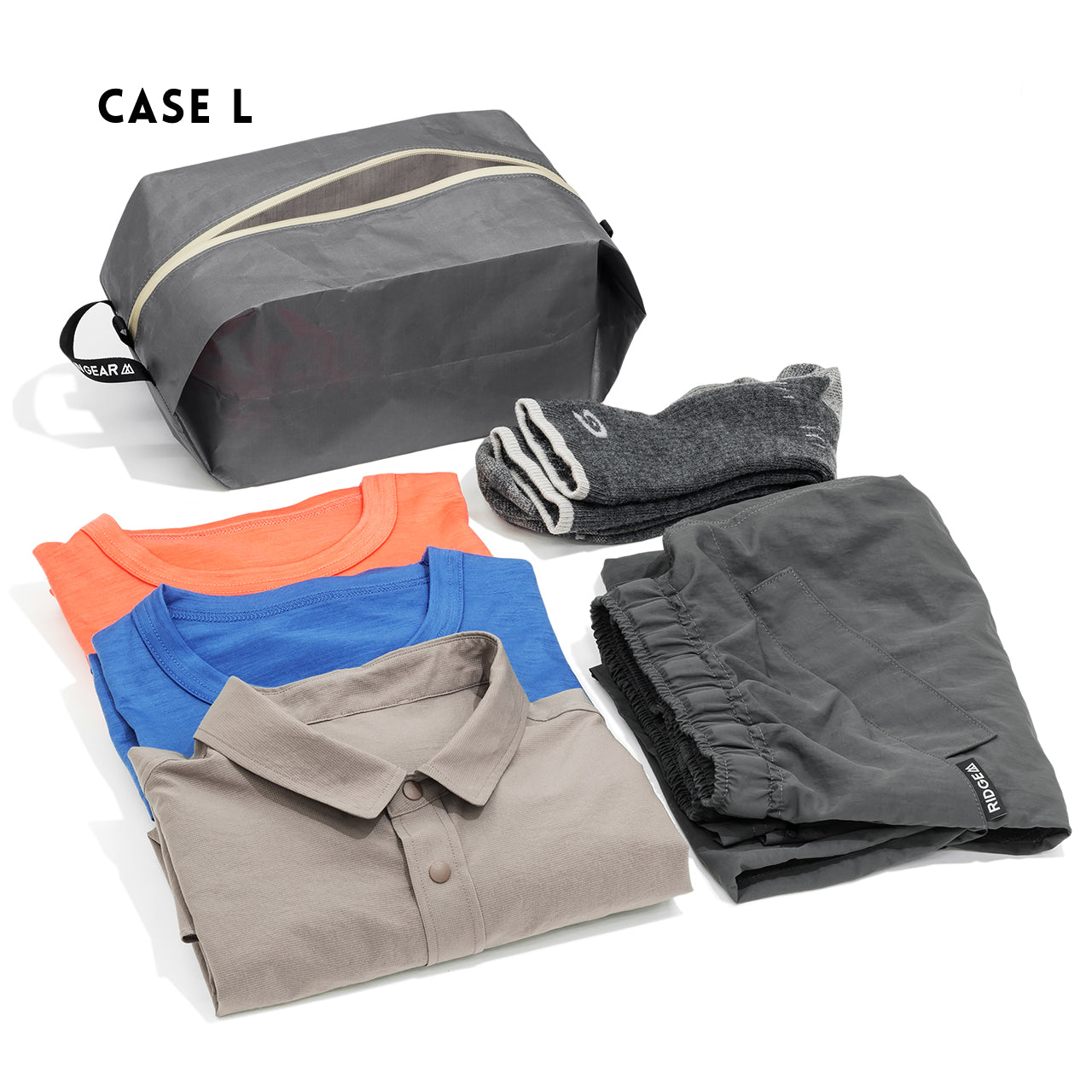 RIDGE MOUNTAIN GEAR JUN OSON×RIDGE Case L ケースL 収納例（シャツ・靴下・パンツなどの衣類）（無地モデル・公式画像） - 山道具とULギアのお店 Ascend Lite