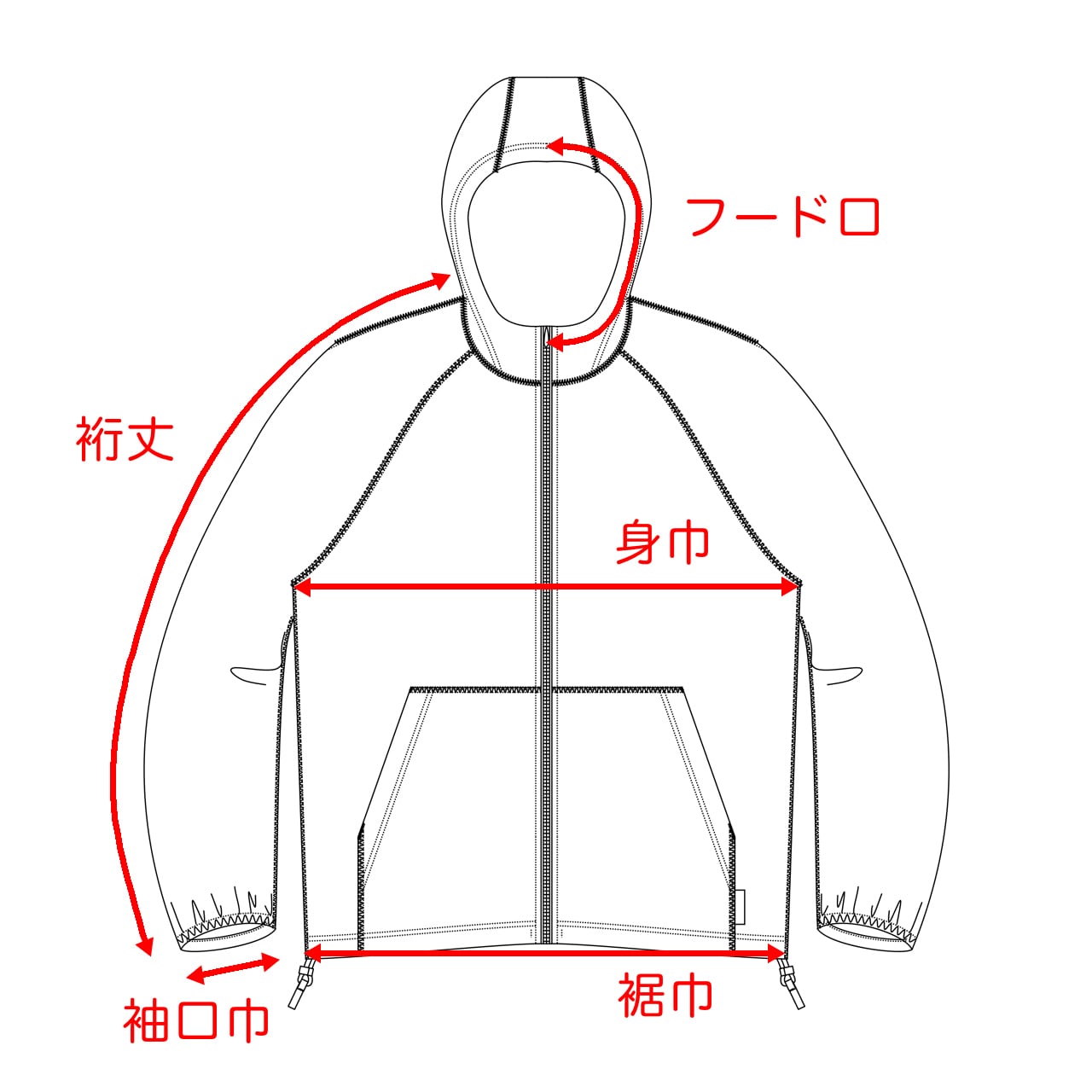 RIDGE MOUNTAIN GEAR Alpha Full Zip Hoodie アルファフルジップフーディ 寸法図 前身頃 フード口・裄丈・身巾・裾巾・袖口巾（公式画像） - 山道具とULギアのお店 Ascend Lite